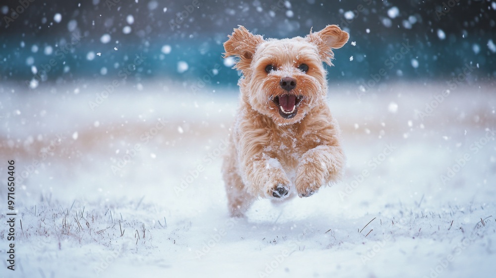 Poster a charming image of a dog running happily through a snowy field, with snowflakes flying and its fur 