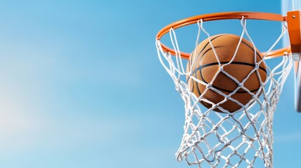 Net stretched with basketball, clear sky in the scene.