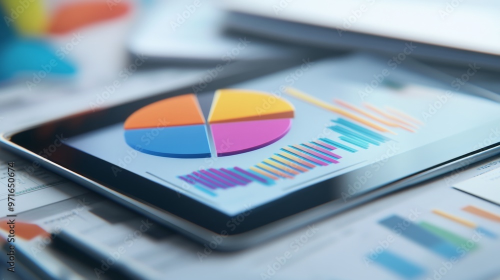 Aufkleber A close-up of a 3D pie chart on a tablet screen, illustrating budget allocation with vivid colors and depth. Surrounding the tablet are financial documents and a pen, suggesting analysis.