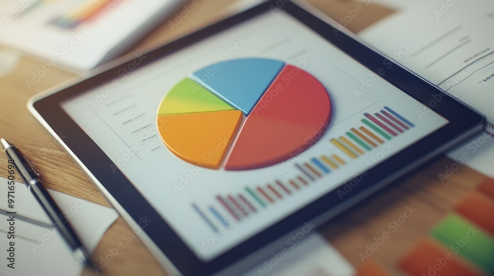 Fototapete a close-up of a 3d pie chart on a tablet screen, illustrating budget allocation with vivid colors an