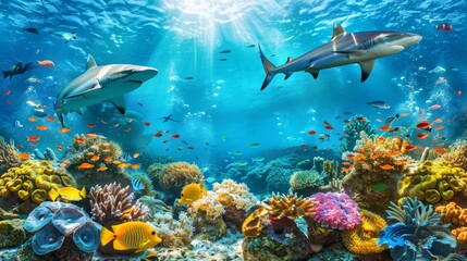 Sharks gracefully swimming through a vibrant coral reef filled with colorful tropical fish