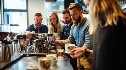 A barista training session, where a group learns how to make latte art and perfect espresso shots