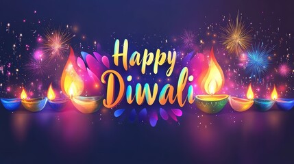 Bold, modern "Happy Diwali" text in vibrant colors, with abstract fireworks in the background