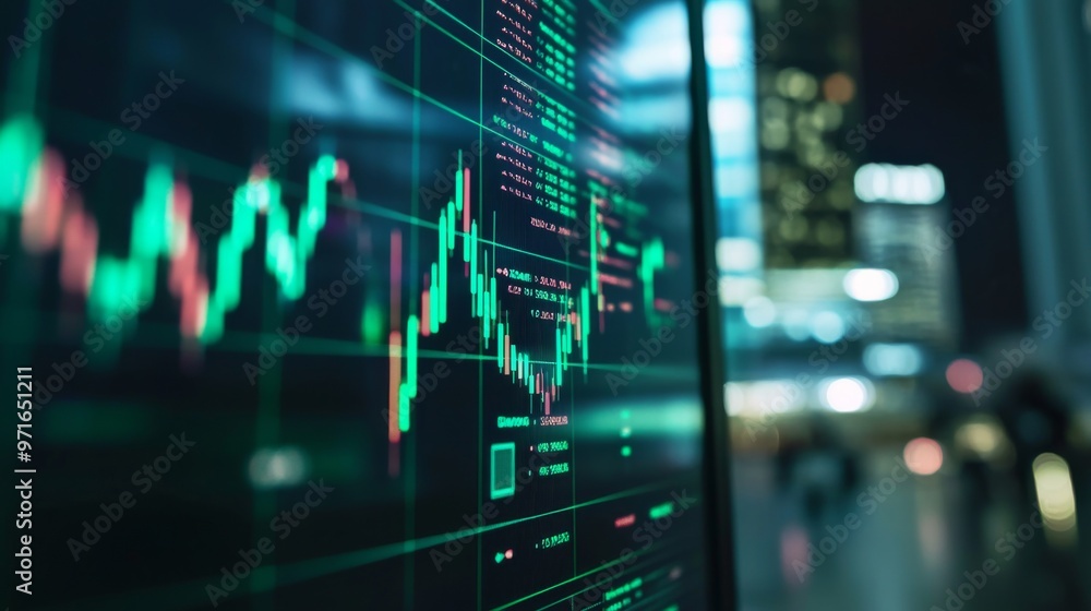 Poster A close-up of a computer screen showing a live stock market graph with green and red candlesticks, illustrating market volatility and price movements