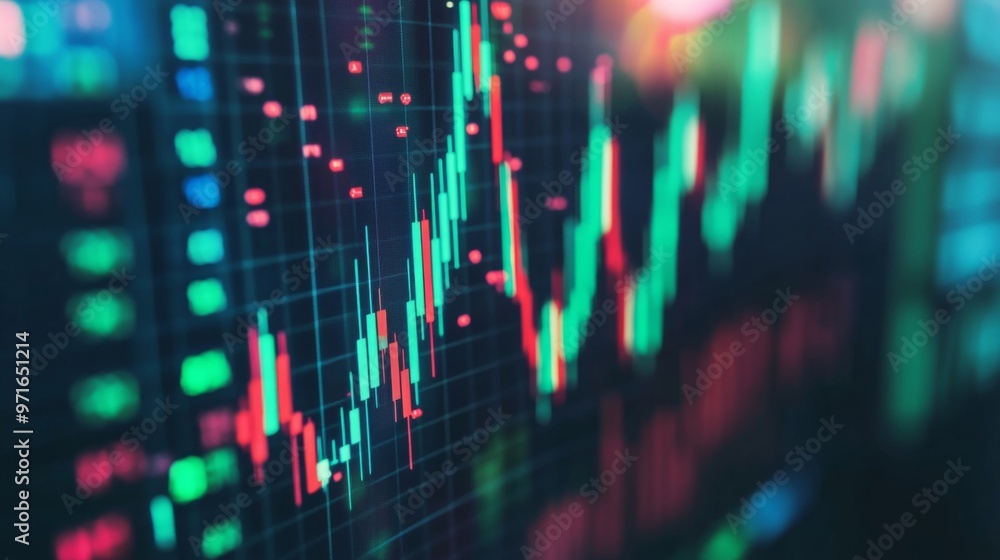 Poster A close-up of a computer screen showing a live stock market graph with green and red candlesticks, illustrating market volatility and price movements