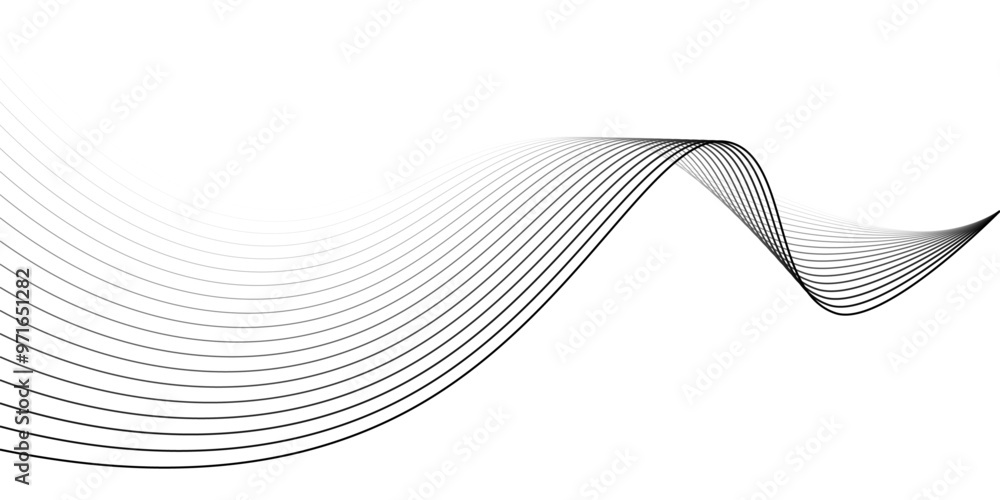 Poster Abstract black waves, smooth flowing dynamic halftone gradient lines pattern (Guilloche curves) isolated on transparent background. Vector design element of sound, ocean wave