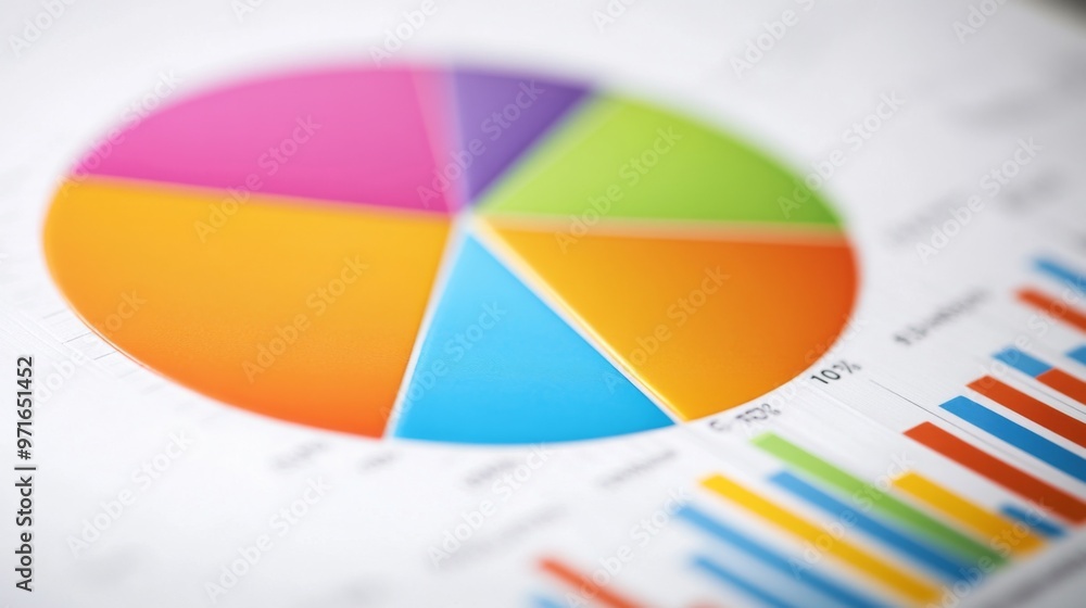 Fototapete a close-up of a financial pie chart printed on a report, highlighting key financial metrics with bri