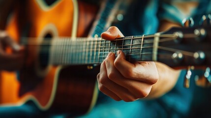 Obraz premium A close-up of a guitar hands during a solo, intricate finger work, strings vibrating,