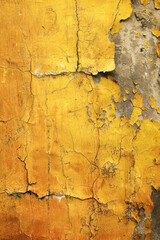 Obraz premium Peeling yellow paint on a cracked and weathered wall, showcasing a distressed and textured surface.