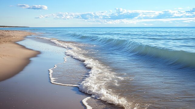 A tranquil beach scene with gentle waves rolling onto the shore.
