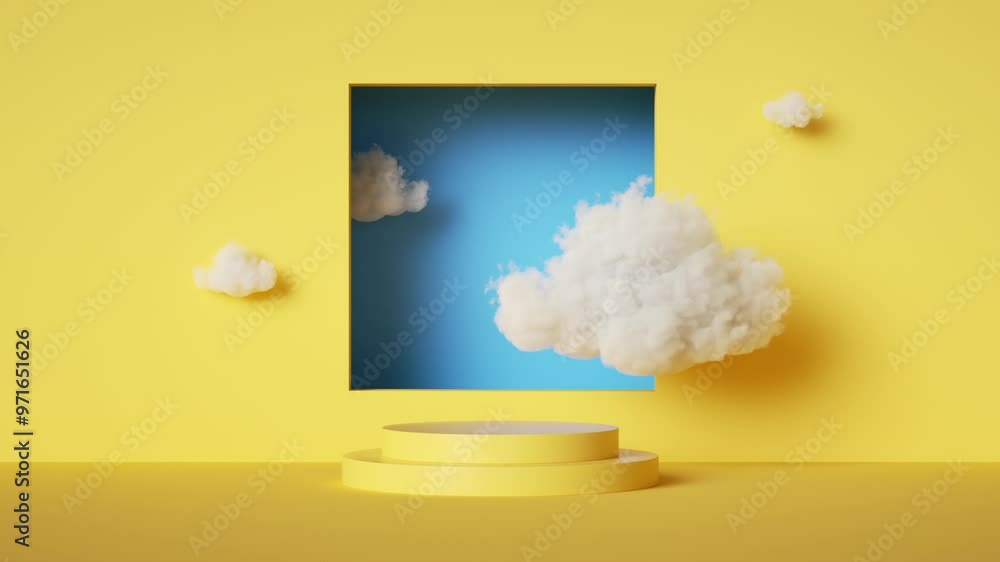 Poster minimalist geometric animated 3d background. white clouds floating above the empty pedestal inside t