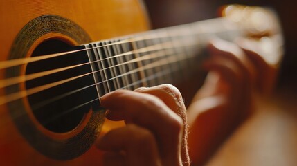 Fototapeta premium A close-up of delicate finger movements on a classical guitar, detailed craftsmanship