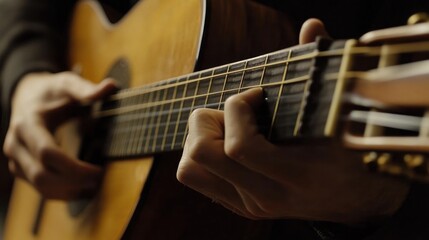 Obraz premium A close-up of delicate finger movements on a classical guitar, detailed craftsmanship
