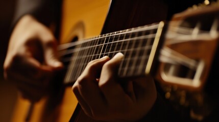 Obraz premium A close-up of delicate finger movements on a classical guitar, detailed craftsmanship