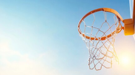 Perfect shot, basketball scoring against a clear sky.