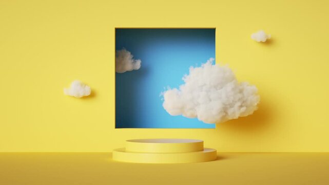 minimalist geometric animated 3d background. White clouds floating above the empty pedestal inside the yellow room, blue square window in the wall, simple frame