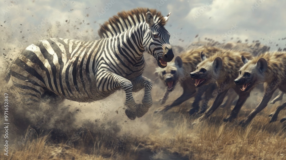 Sticker Zebra Escaping a Pack of Hyenas in the African Savanna