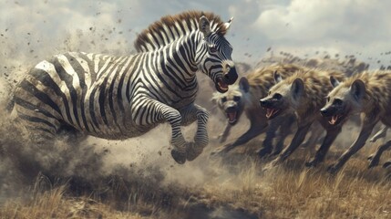 Zebra Escaping a Pack of Hyenas in the African Savanna