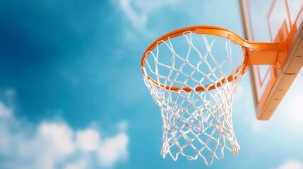 Scoring basketball shot, net and sky in focus