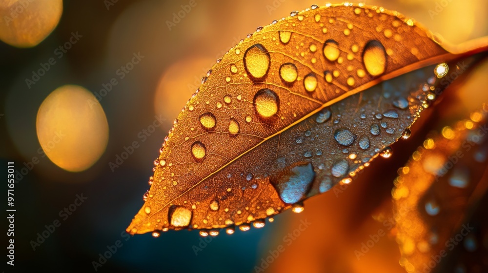Poster A close-up of a leaf with dew drops captured in soft morning light, with the droplets reflecting the surrounding environment and adding depth to the image.