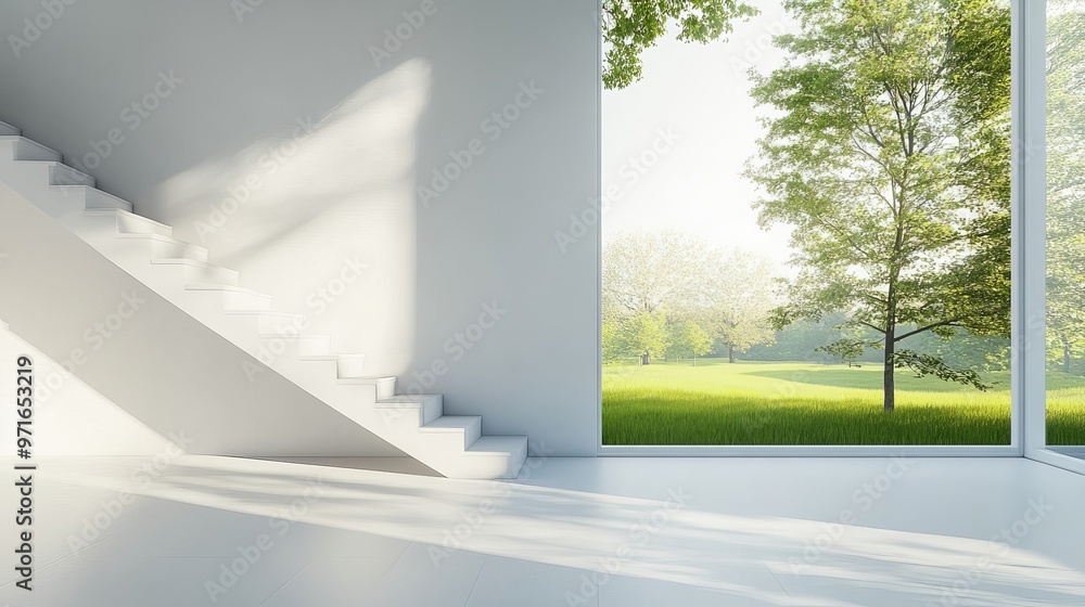 Poster white empty room with stairs showcasing a green landscape view through a window scandinavian interio