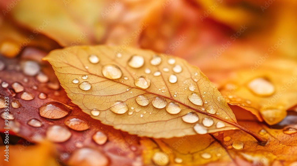 Poster a close-up of a leaf with dew drops on a colorful autumn background, highlighting the contrast betwe