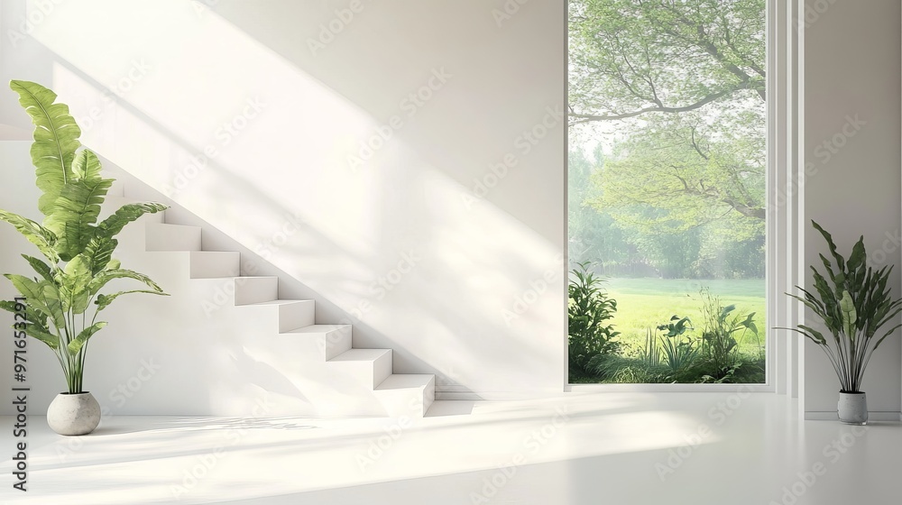 Poster white empty room with stairs showcasing a green landscape view through a window scandinavian interio