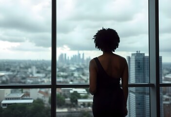 A Black woman with short curly hair, dressed in a sleek black dress, faces away from the camera in a minimalist office create with ai