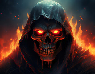 Hooded skull with glowing red eyes, surrounded by flames, creating a dark and menacing Hall_1(574)