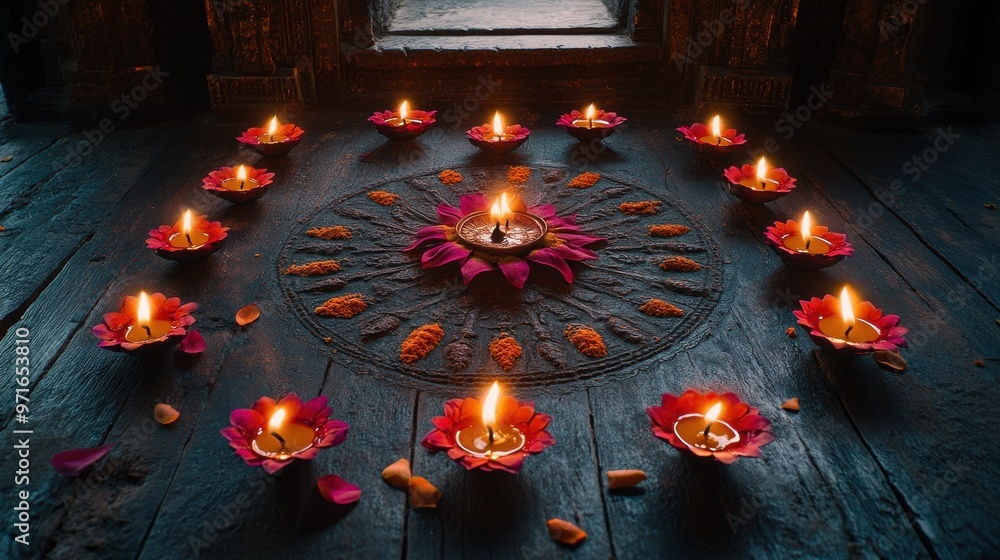 Poster multiple diyas placed in a symmetrical pattern, creating a beautiful, glowing display