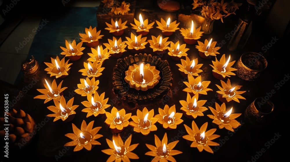 Poster multiple diyas placed in a symmetrical pattern, creating a beautiful, glowing display