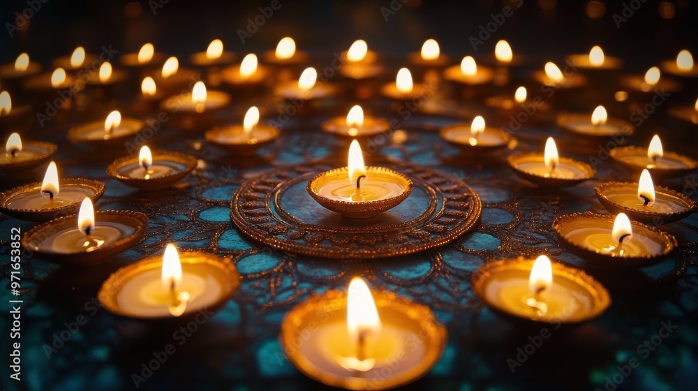 Poster multiple diyas placed in a symmetrical pattern, creating a beautiful, glowing display