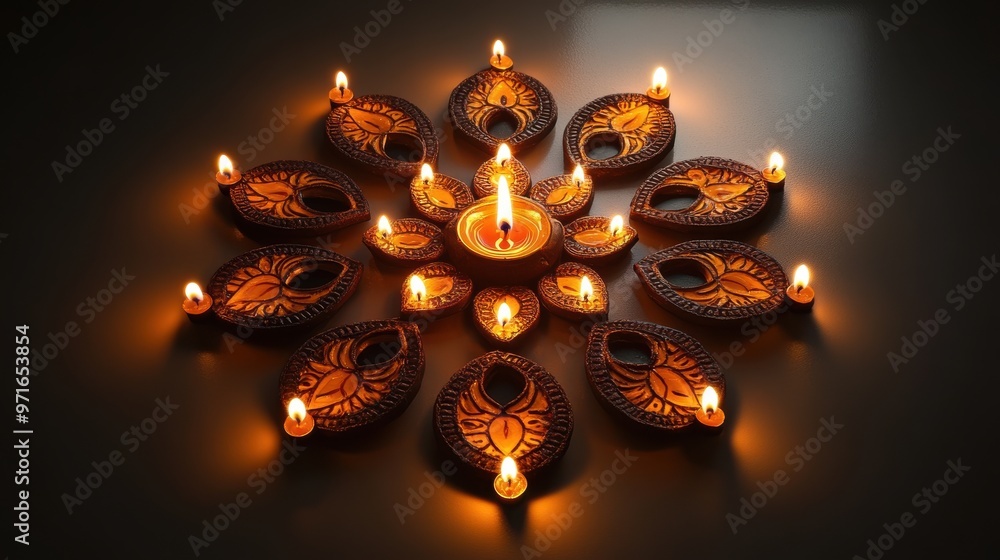 Poster multiple diyas placed in a symmetrical pattern, creating a beautiful, glowing display