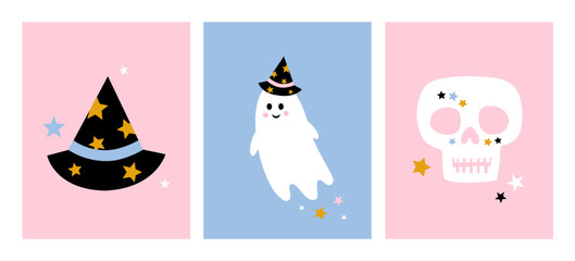 Set of three halloween designs with ghost, hats and skull on a colorful background. Vector illustration.