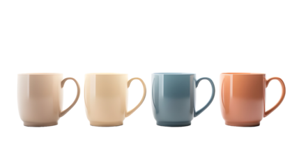 Set of 4 beautiful plain coffee mugs on transparent background