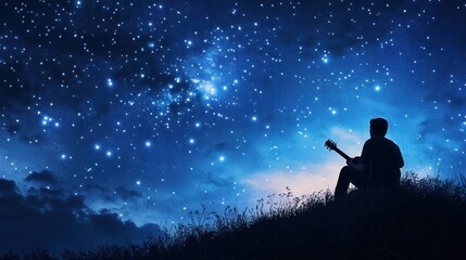 A quiet evening setting with a guitarist playing soothing chords under a starry sky,