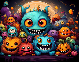  Illustration of various Halloween monsters, featuring whimsical and colorful characters_1(587)