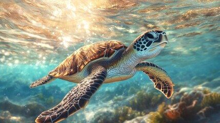 A close-up of a sea turtle gliding gracefully through crystal-clear ocean waters, with sunlight filtering through the surface and highlighting its vibrant shell.