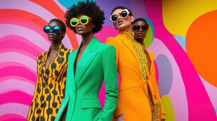 A retro funk Black fashion shoot, with models wearing funky suits, wide-collared shirts, and...