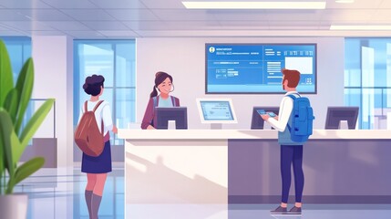 A scene inside a modern bank with a teller assisting a customer, digital currency exchange rates on a screen in the background, friendly and efficient service atmosphere