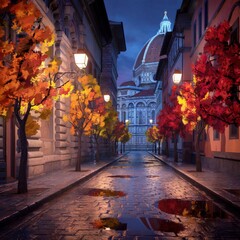 A stunning street scene of Florence at night, capturing vibrant hues of autumn.jpeg