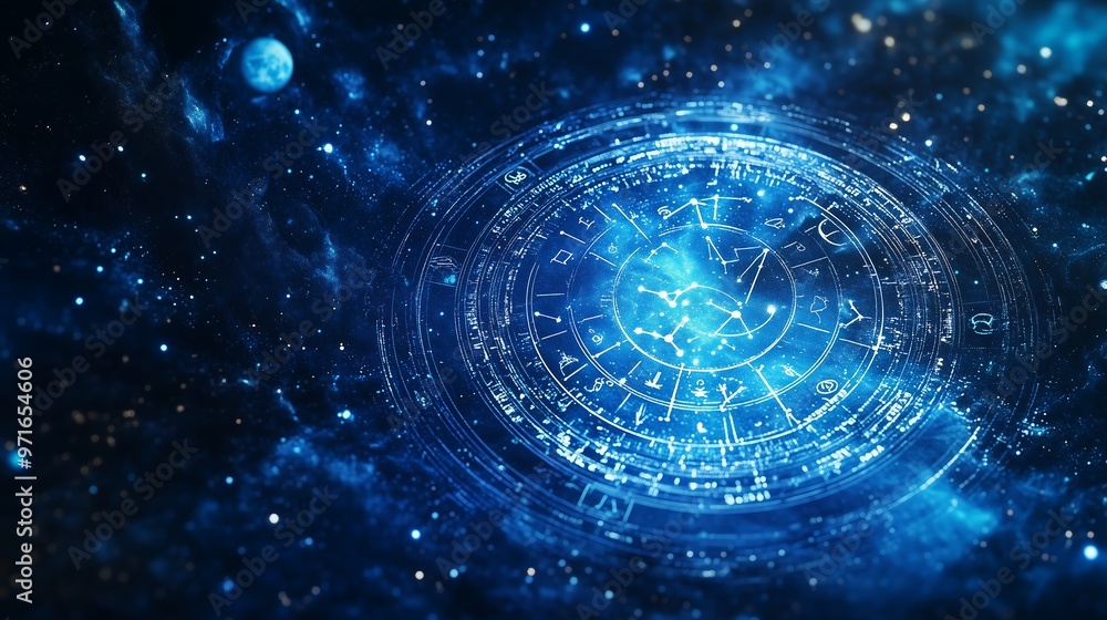 Poster a celestial design showcasing astrological symbols and intricate patterns against a vibrant cosmic b