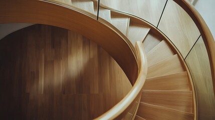 Fototapeta premium Wooden staircase with glass railings and a wooden handrail viewed from above