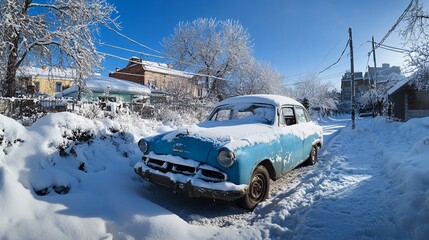 Frost-covered car parked in a snowy street