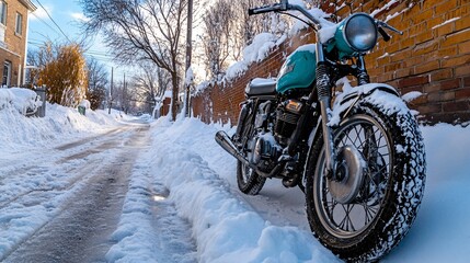 Frost-covered motorcycle leaning against a snow-covered brick wall