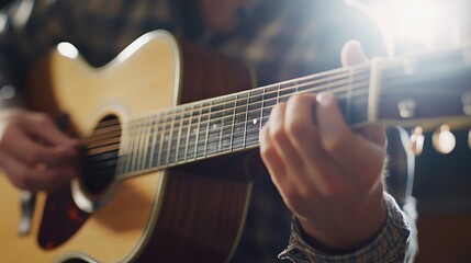 Obraz premium A soft-focus close-up of an acoustic guitarist playing gently, creating a relaxing atmosphere,