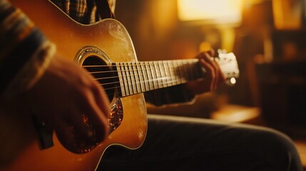 Fototapeta premium A soft-focus close-up of an acoustic guitarist playing gently, creating a relaxing atmosphere,
