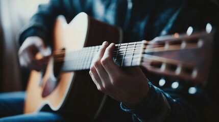 A soft-focus close-up of an acoustic guitarist playing gently, creating a relaxing atmosphere,