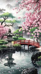 A tranquil spring morning in Japanese Zen garden with cherry blossoms are in full bloom.jpeg