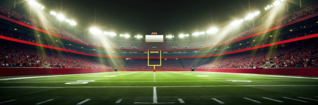A stunning view of a football stadium illuminated with bright lights, showcasing a vibrant atmosphere perfect for sports events and promotional materials.